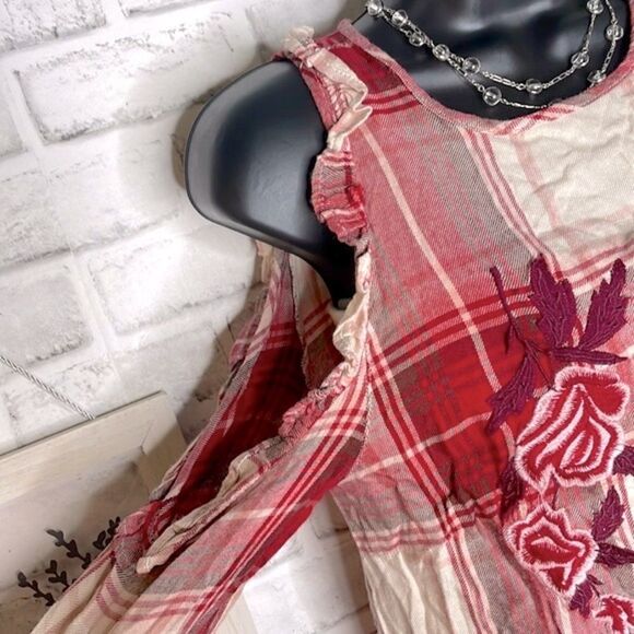 Blue Rain Cold Shoulder Flannel Plaid Shirt Floral Embroidery Size XS - Picture 2 of 6